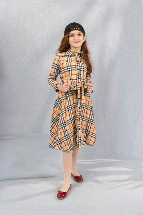 فستان بناتي كاروهات بياقه وازرار اماميه ورباط على الخصر