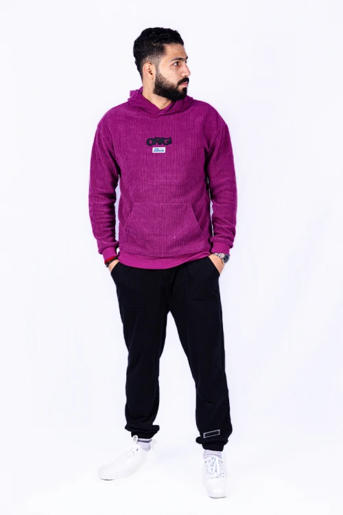 بلوفر رجالي جيوب أمامية قماش مخمل لون عنابي