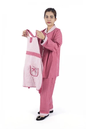 زي عاملة 3 قطع كاروهات أكمام طويلة  بجيوب فيونكة و ياقة بازرار أمامية 