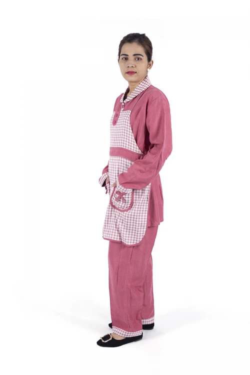 زي عاملة 3 قطع كاروهات أكمام طويلة  بجيوب فيونكة و ياقة بازرار أمامية