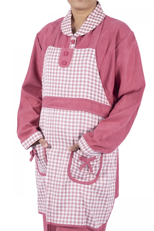 زي عاملة 3 قطع كاروهات أكمام طويلة  بجيوب فيونكة و ياقة بازرار أمامية