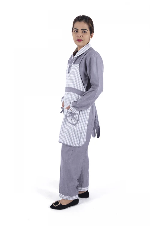 زي عاملة 3 قطع كاروهات أكمام طويلة  بجيوب فيونكة و ياقة بازرار أمامية