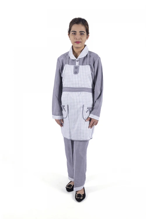 زي عاملة 3 قطع كاروهات أكمام طويلة  بجيوب فيونكة و ياقة بازرار أمامية