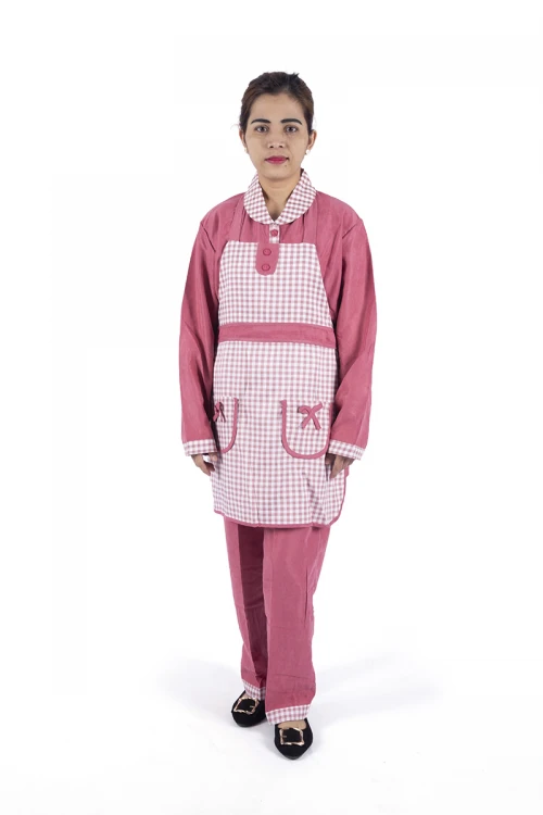 زي عاملة 3 قطع كاروهات أكمام طويلة  بجيوب فيونكة و ياقة بازرار أمامية