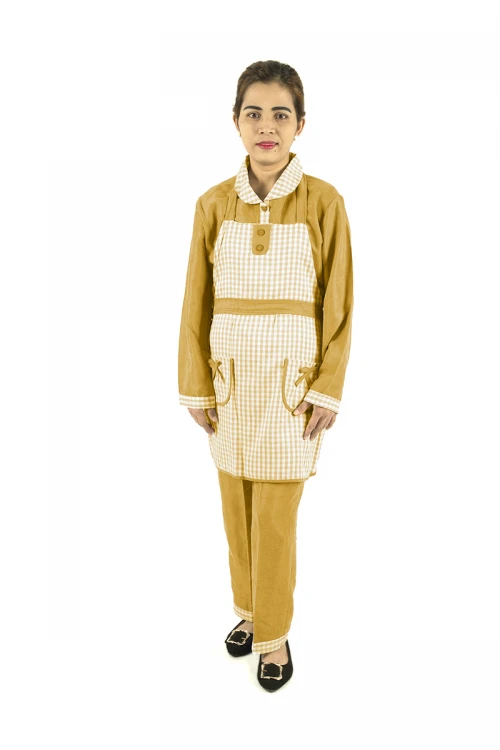 زي عاملة 3 قطع كاروهات أكمام طويلة  بجيوب فيونكة و ياقة بازرار أمامية