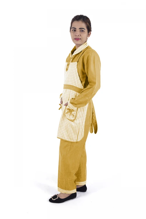 زي عاملة 3 قطع كاروهات أكمام طويلة  بجيوب فيونكة و ياقة بازرار أمامية