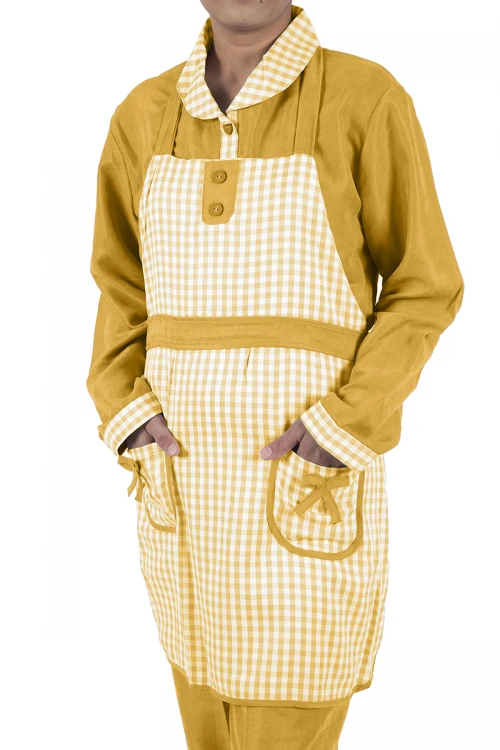 زي عاملة 3 قطع كاروهات أكمام طويلة  بجيوب فيونكة و ياقة بازرار أمامية