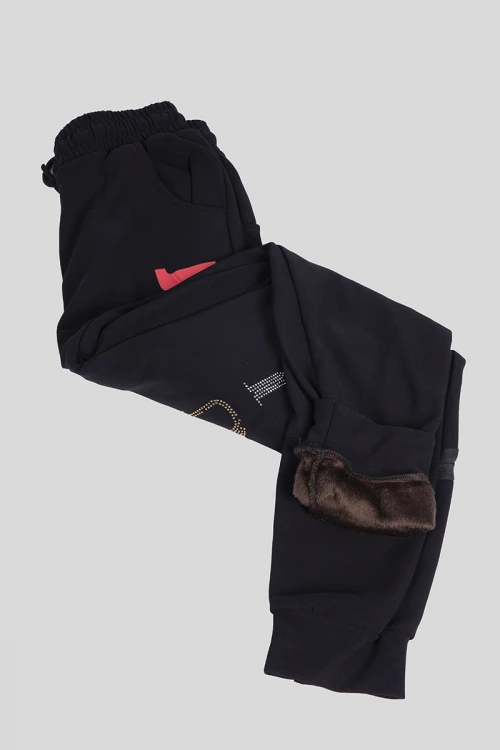 بنطلون نسائي أنيق مبطن بجيوب وسحاب زينة من الأمام وكتابات حروف انجليزية مع حزام مطاطي ورباط على الخصر