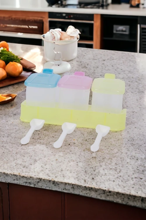 حافظات بهارات بلاستيك متعددة الاستخدام 3 علب مع 3 ملاعق وحامل باللون الاصفر