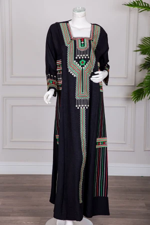 جلابية تراثية نسائي متعدد الالوان تطريز عسيري ونقوشات ملونة من الأمام والجوانب و الأكمام 