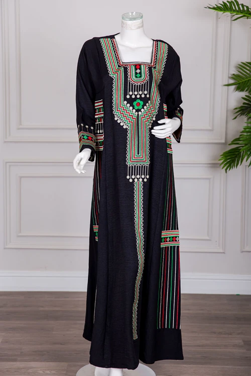 جلابية تراثية نسائي متعدد الالوان تطريز عسيري ونقوشات ملونة من الأمام والجوانب و الأكمام