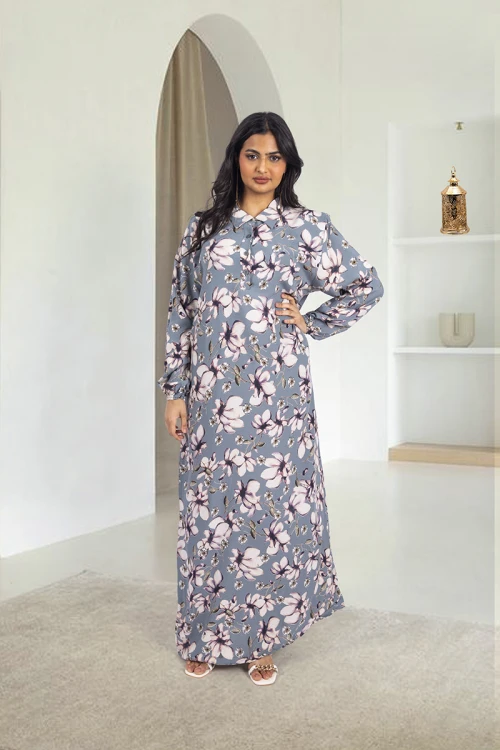 قميص روز نسائي طويل بطبعات ورود كامل أكمام طويلة مزمومة وياقة مرتفعة بقلبات و أزرار أمامية