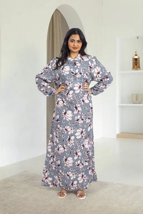 قميص روز نسائي طويل بطبعات ورود كامل أكمام طويلة مزمومة وياقة مرتفعة بقلبات و أزرار أمامية