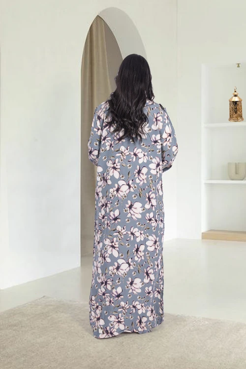 قميص روز نسائي طويل بطبعات ورود كامل أكمام طويلة مزمومة وياقة مرتفعة بقلبات و أزرار أمامية