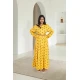 جلابية نسائي أنيقة لون أصفر بطبعات ورورد كامل فتحة الصدر شكل سبعة و زم ورباط على الخصر مزين بشريط ذهبي ملون