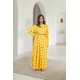 جلابية نسائي أنيقة لون أصفر بطبعات ورورد كامل فتحة الصدر شكل سبعة و زم ورباط على الخصر مزين بشريط ذهبي ملون