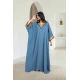 جلابية نسائي أنيقة لون أزرق أكمام واسعة فتحة الصدر شكل سبعة مزينة بتطريز ذهبي ودناديش ملون بالصدر و الأكمام