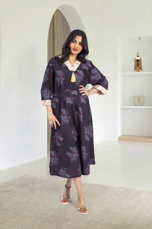 جلابية نسائي أنيقة لون رمادي بنقشات باللون الذهبي والفضي