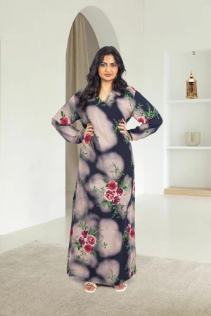 قميص روز نسائي طويل  بطبعات ورود كامل أكمام طويلة وياقة مرتفعه بشكل قلبات بفتحة مثلثة صغيرة 