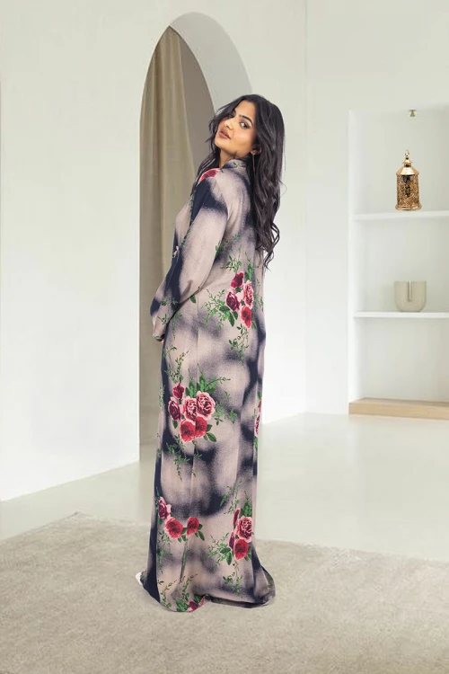 قميص روز نسائي طويل  بطبعات ورود كامل أكمام طويلة وياقة مرتفعه بشكل قلبات بفتحة مثلثة صغيرة