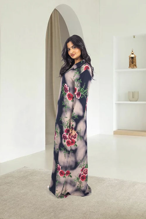 قميص روز نسائي طويل  بطبعات ورود كامل أكمام طويلة وياقة مرتفعه بشكل قلبات بفتحة مثلثة صغيرة