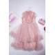 فستان بناتي أنيق لون وردي سادة قماش تل بدون اكمام ياقة مرتفعة بكرانيش وريش من الأمام و ارباط على الخصر
