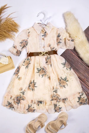 فستان بناتي أنيق قطعتين  لون بيج مشجر أكمام قصيرة و ياقة بأزرار أمامية و حزام على الخصر 