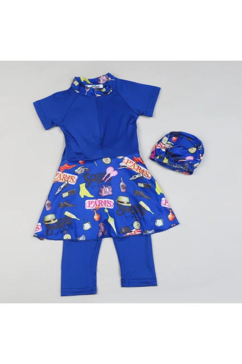 بدلة سباحة بأكمام قصيرة مزينة بطبعات - قطعتين