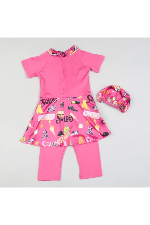 بدلة سباحة بأكمام قصيرة مزينة بطبعات - قطعتين