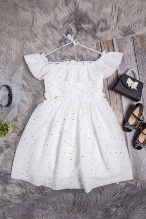 فستان بناتي قصير قماش لامع  أنيق مكشوف الأكتاف بزم خفيف ورباط على الخصر 