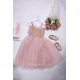 فستان بناتي أنيق علاقي بدون أكمام بلفائف جميلة عليها ورود وتطريز كريستال من الأمام و مزموم كامل من الخلف