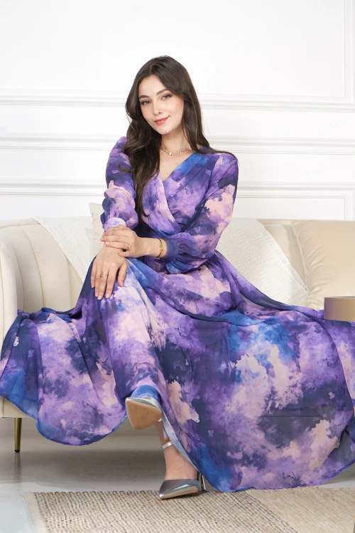 فستان نسائي أنيق مشجر طويل وأكمام طويلة بأزرار قفل قصة الصدر شكل سبعة مع رباط وكسرات على الخصر