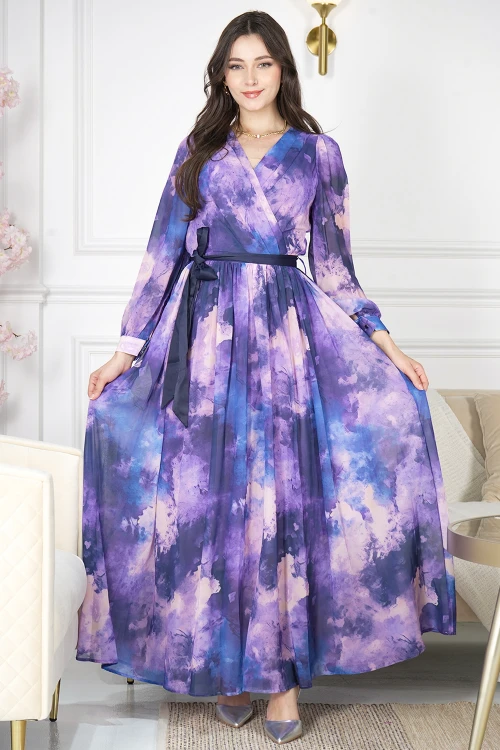 فستان نسائي أنيق مشجر طويل وأكمام طويلة بأزرار قفل قصة الصدر شكل سبعة مع رباط وكسرات على الخصر