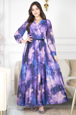 فستان نسائي أنيق مشجر طويل وأكمام طويلة بأزرار قفل قصة الصدر شكل سبعة مع رباط وكسرات على الخصر