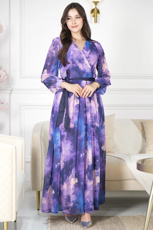 فستان نسائي أنيق مشجر طويل وأكمام طويلة بأزرار قفل قصة الصدر شكل سبعة مع رباط وكسرات على الخصر