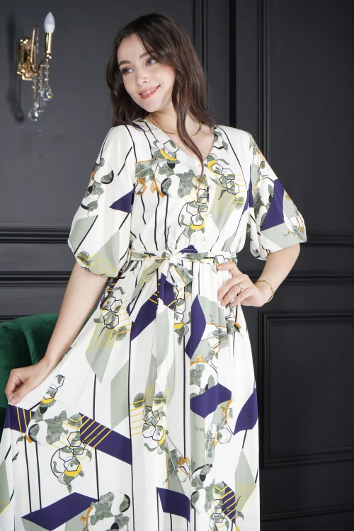 فستان نسائي أنيق مشجر طويل و أكمام قصيرة مزمومة و فتحة صدر شكل سبعة ورباط على الخصر