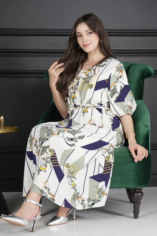 فستان نسائي أنيق مشجر طويل و أكمام قصيرة مزمومة و فتحة صدر شكل سبعة ورباط على الخصر