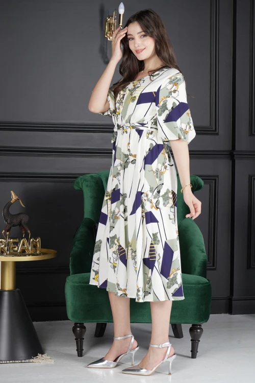 فستان نسائي أنيق مشجر طويل و أكمام قصيرة مزمومة و فتحة صدر شكل سبعة ورباط على الخصر