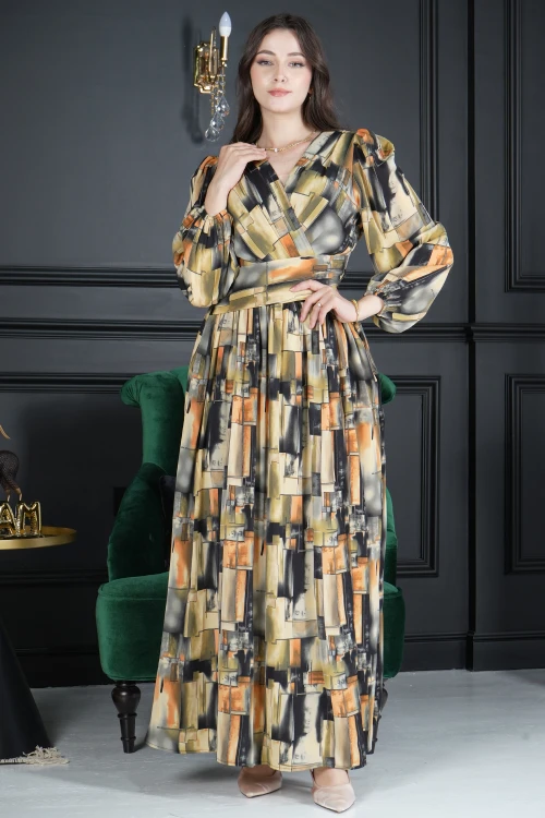 فستان نسائي أنيق قماش ألوان مموجة طويل بأكمام طويلة مزمومة فتحة الصدر شكل سبعة لف على الخصر ومفتوح من الأسفل
