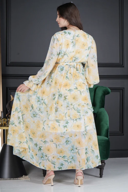 فستان نسائي أنيق قماش مشجر طويل و أكمام طويلة مزمومة بفتحة صدر شكل سبعة و رباط على الخصر