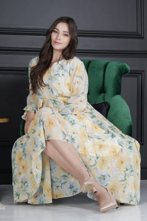 فستان نسائي أنيق قماش مشجر طويل و أكمام طويلة مزمومة بفتحة صدر شكل سبعة و رباط على الخصر  