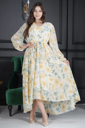 فستان نسائي أنيق قماش مشجر طويل و أكمام طويلة مزمومة بفتحة صدر شكل سبعة و رباط على الخصر  