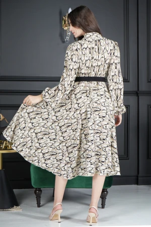 فستان نسائي أنيق قماش مشجر برباط طويل على الرقبة و أكمام طويلة مزمومة بدون حزام  