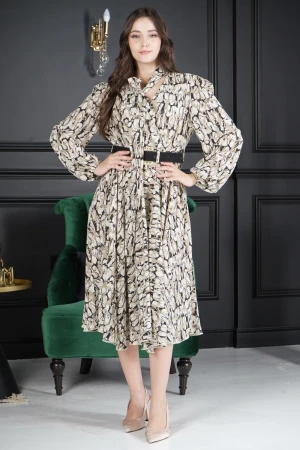 فستان نسائي أنيق قماش مشجر برباط طويل على الرقبة و أكمام طويلة مزمومة بدون حزام  