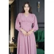 فستان نسائي أنيق قماش شيفون لون وردي سادة طويل بكسرات مزمومة من الأمام والخصر والأكمام