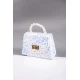 شنطة بناتي أنيقة ترتر أبيض مع سماوي بسلسال و قفل ذهبي و مسكة من اللؤلؤ