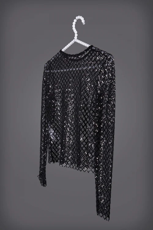 بلوزة نسائي أنيقة لون أسود لامع قماش ترتر بالكامل شفاف أكمام طويلة