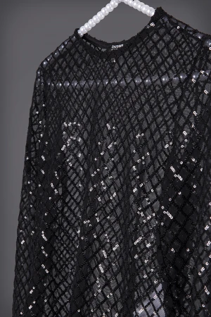 بلوزة نسائي أنيقة لون أسود لامع قماش ترتر بالكامل شفاف أكمام طويلة