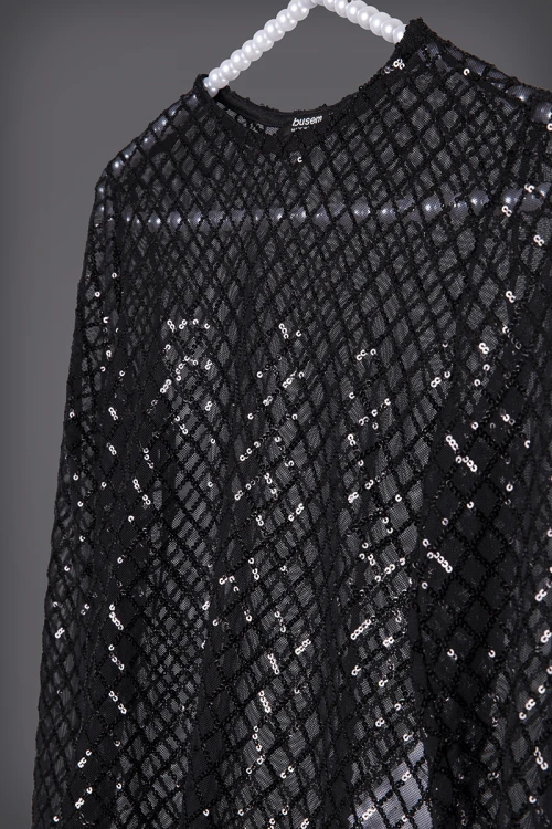 بلوزة نسائي أنيقة لون أسود لامع قماش ترتر بالكامل شفاف أكمام طويلة