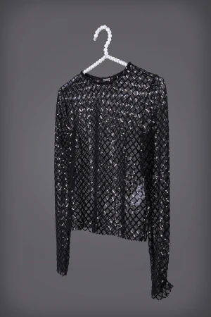 بلوزة نسائي أنيقة لون أسود لامع قماش ترتر بالكامل شفاف أكمام طويلة